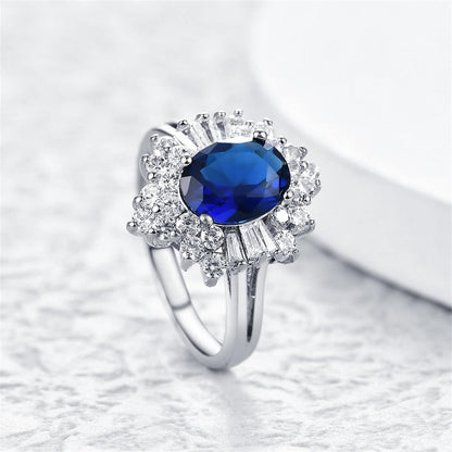Navy Crystal & Cubic Zirconia Silvertone Flower Ring-5