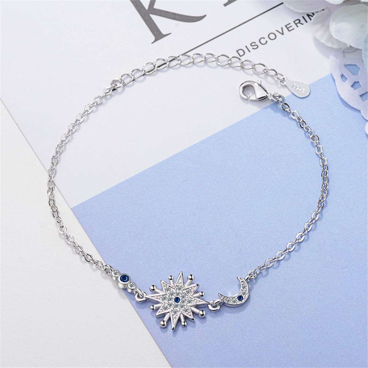 Blue Crystal & Silvertone Star & Moon Bracelet