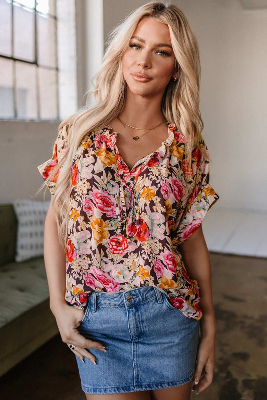 Threaded Pear Rhea Floral Crew Neck Blouse