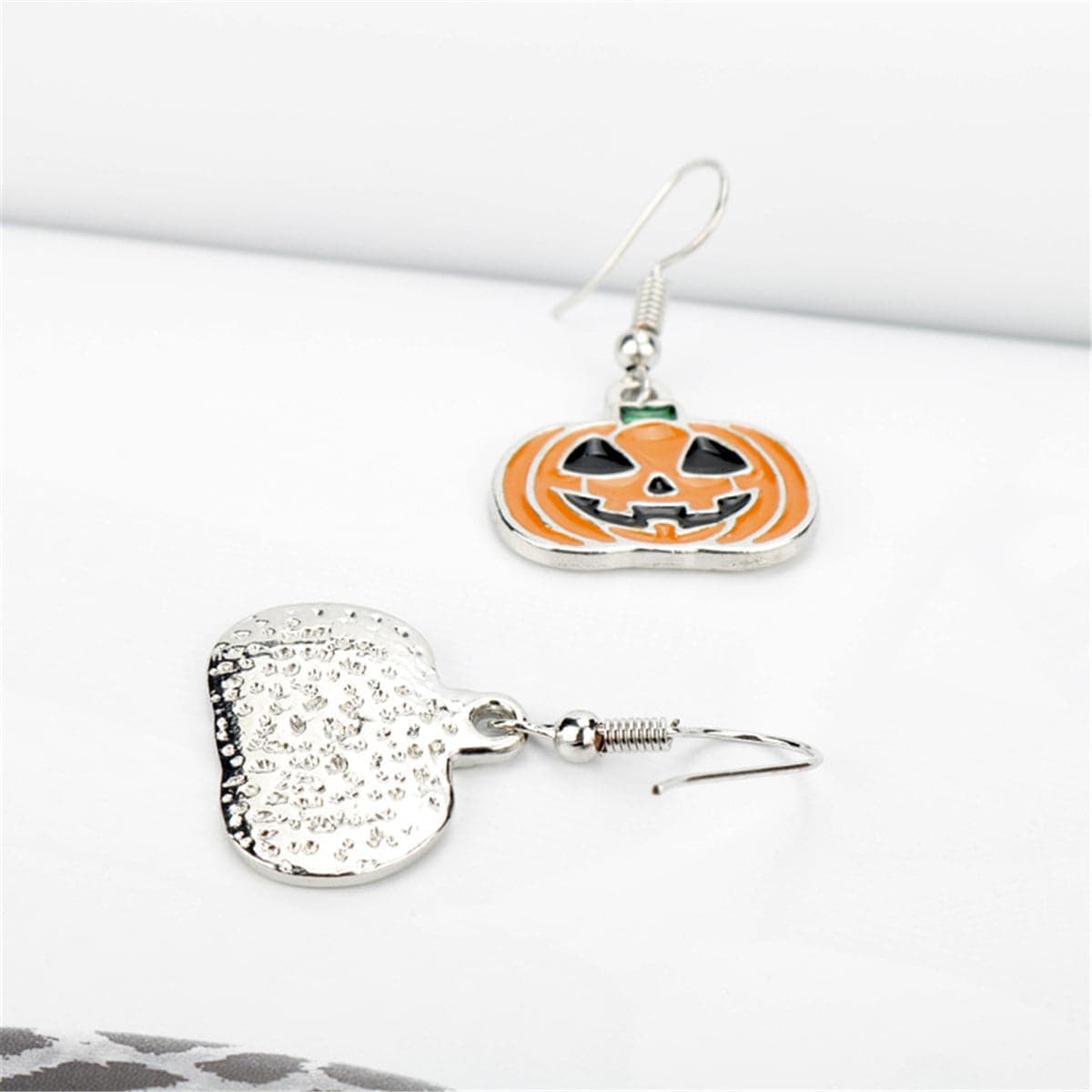 Silvertone & Orange Enamel Pumpkin Drop Earrings