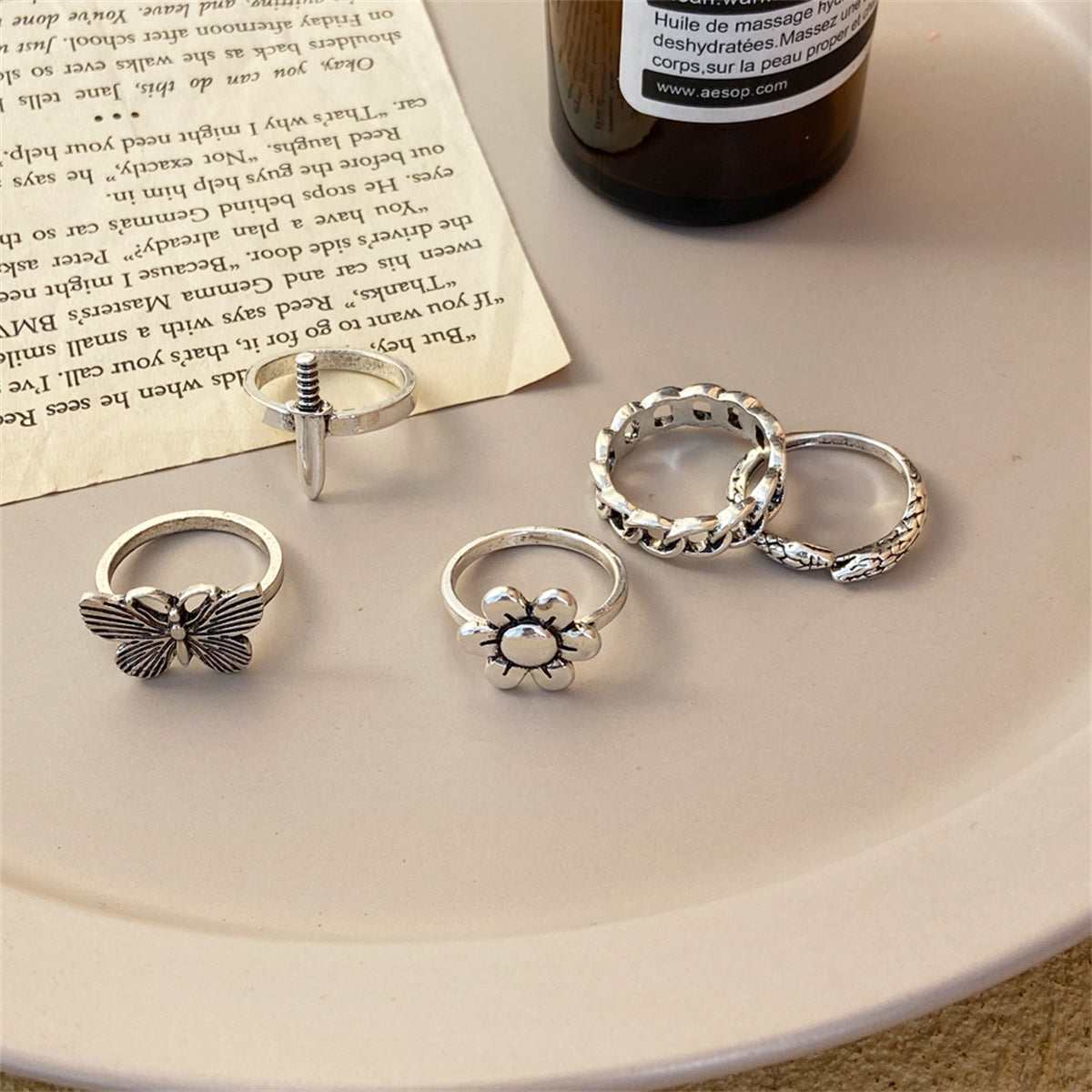 Silvertone Butterfly Snake Flower Ring Set