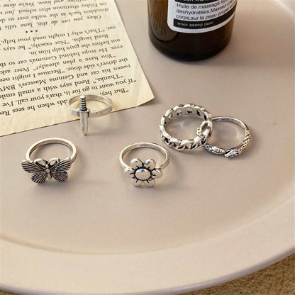 Silvertone Butterfly Snake Flower Ring Set