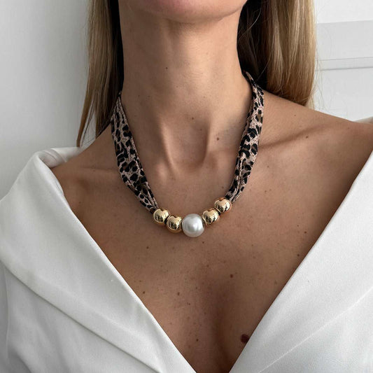 Leopard Print Polyster & Pearl Goldtone Ball Collar Necklace