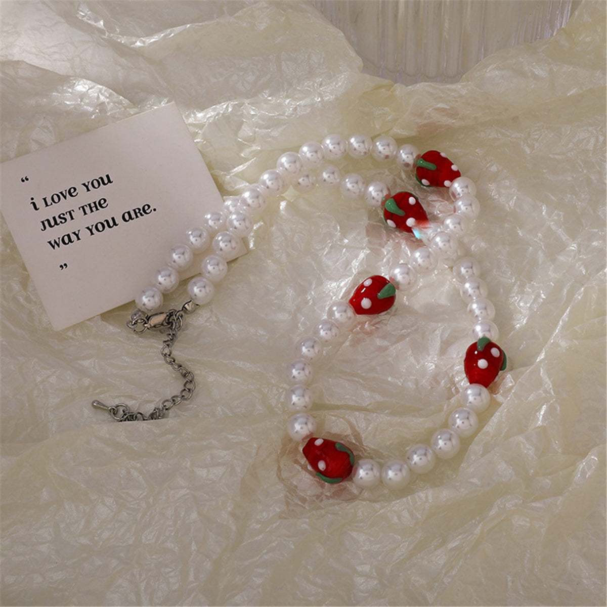 Pearl & Resin Silvertone Strawberry Station Necklace