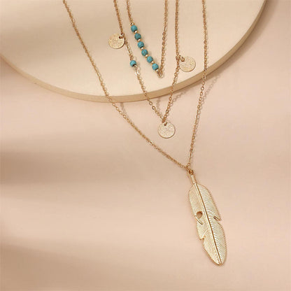 Turquoise & Goldtone Feather Layered Pendant Necklace
