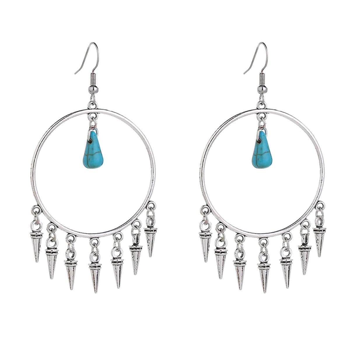 Turquoise & Silvertone Bullet Tassel Drop Earrings