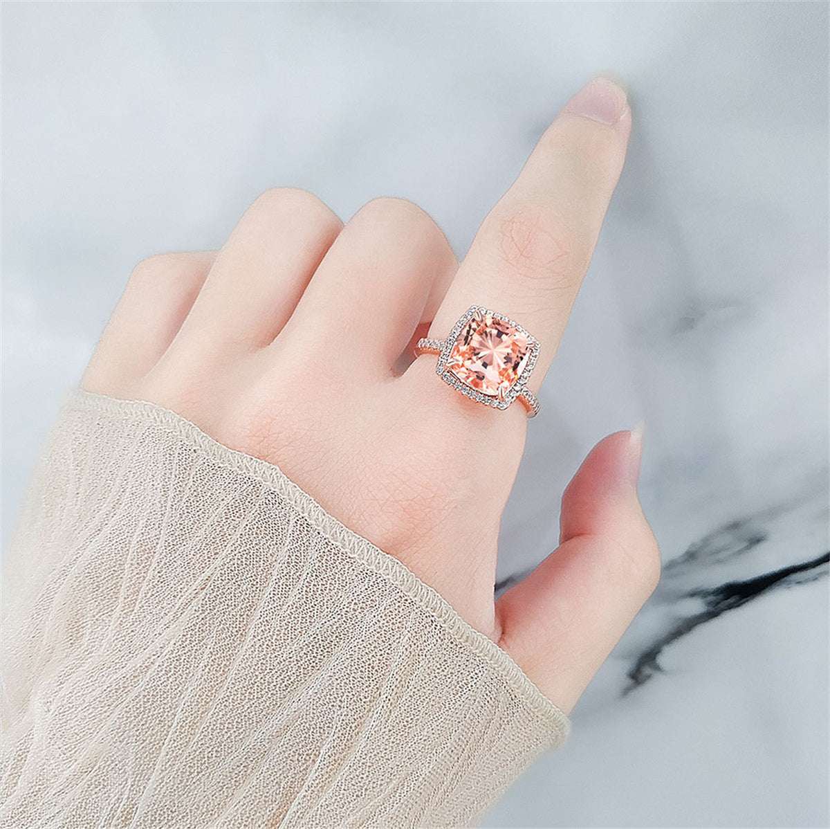 Champagne Crystal & Cubic Zirconia Square Halo Ring-6
