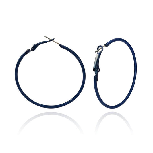 Navy Enamel & Silvertone Hoop Earrings