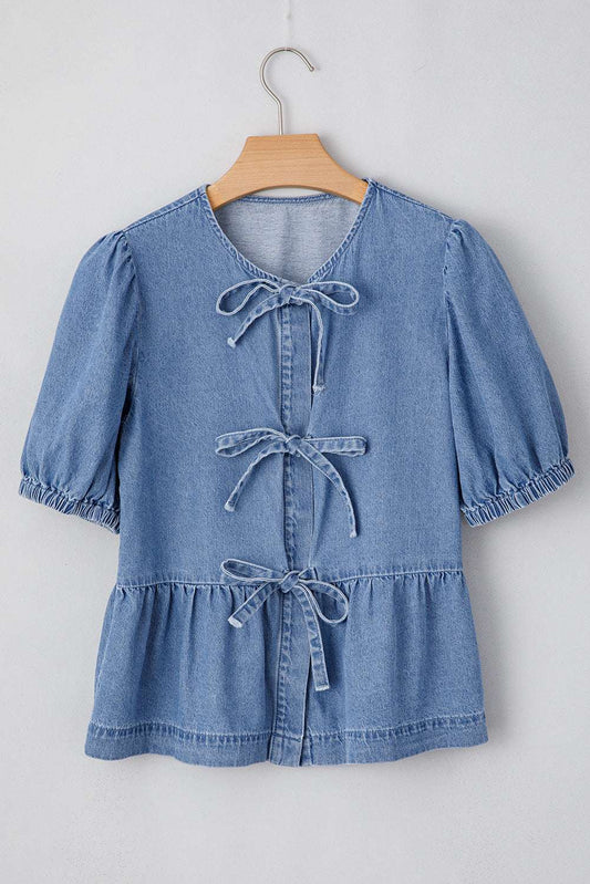 Threaded Pear Hope Tied Front Bubble Sleeve Peplum Denim Shirt