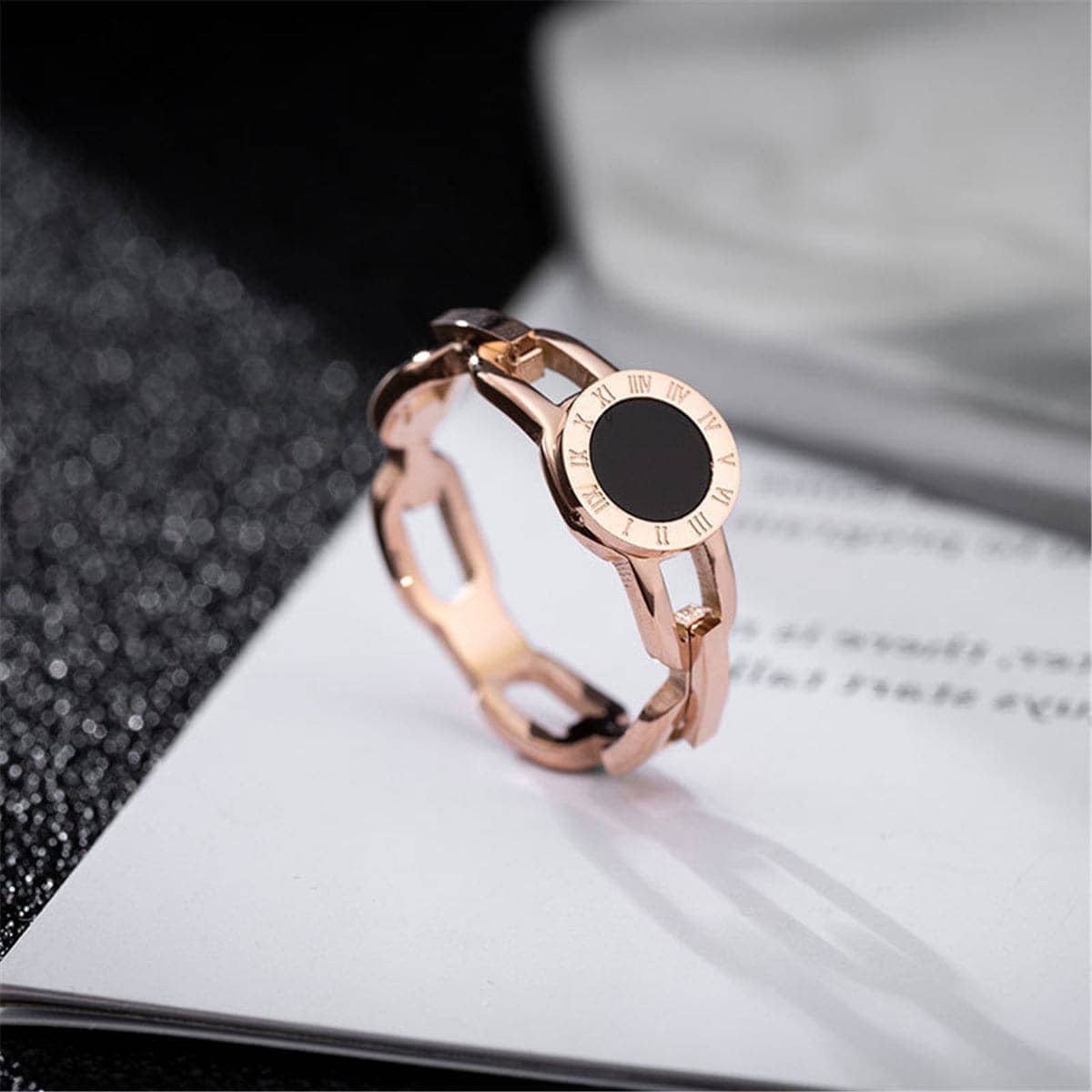 Black Shell & Rose Goldtone Link Roman Numeral Ring