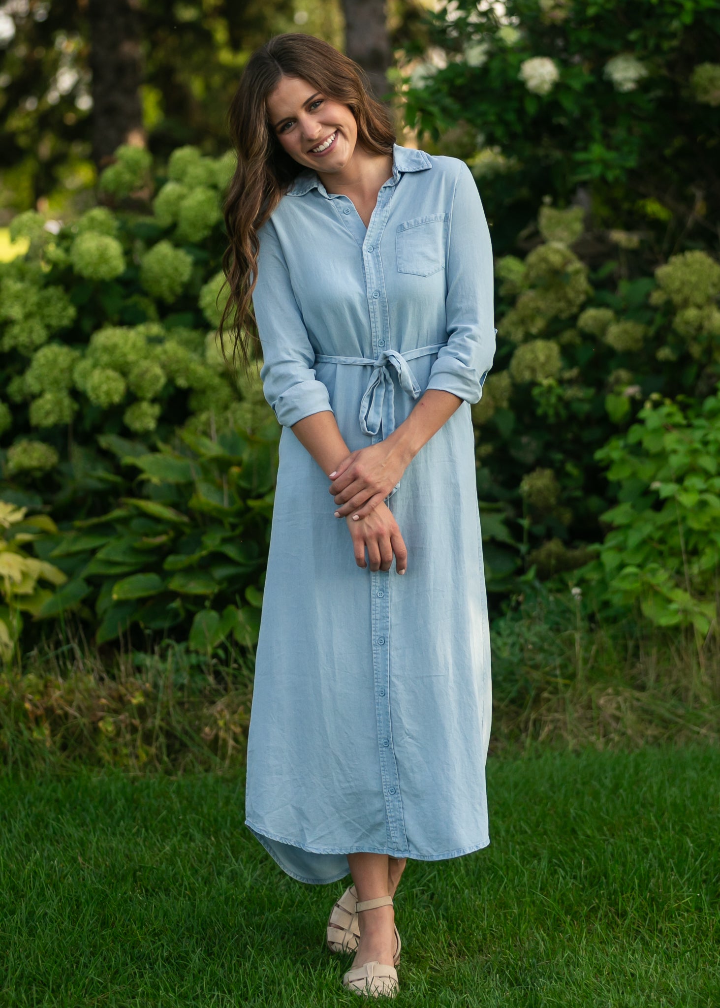 chambray maxi shirt dress maxi shirt dress belted Quarter Sleeve Tie Front Maxi Shirt Dress Chambray / L