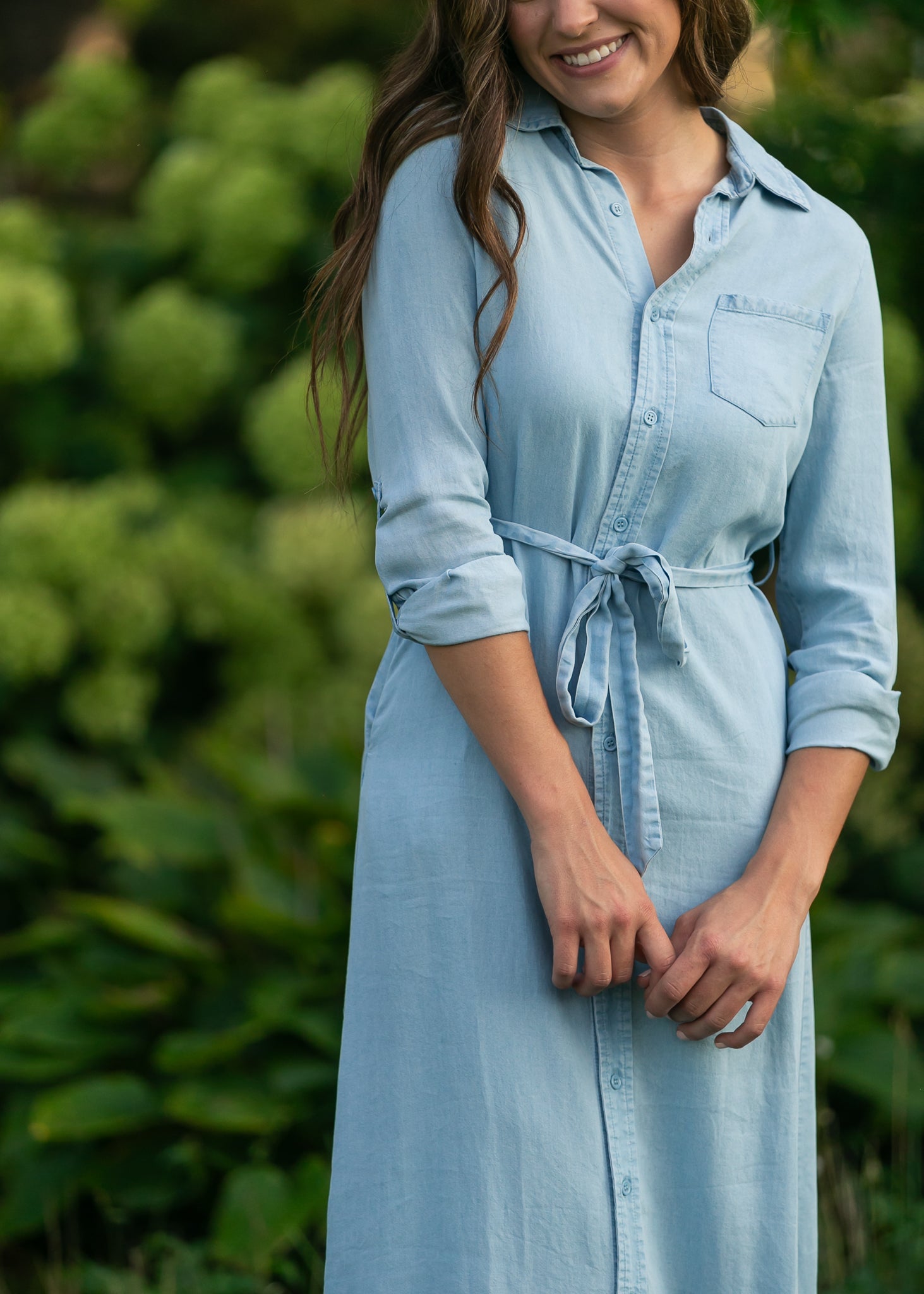 chambray dresses for women Melts My Heart Dress- Light Denim front closure Cap sleeves Self Dark Wash / 2P