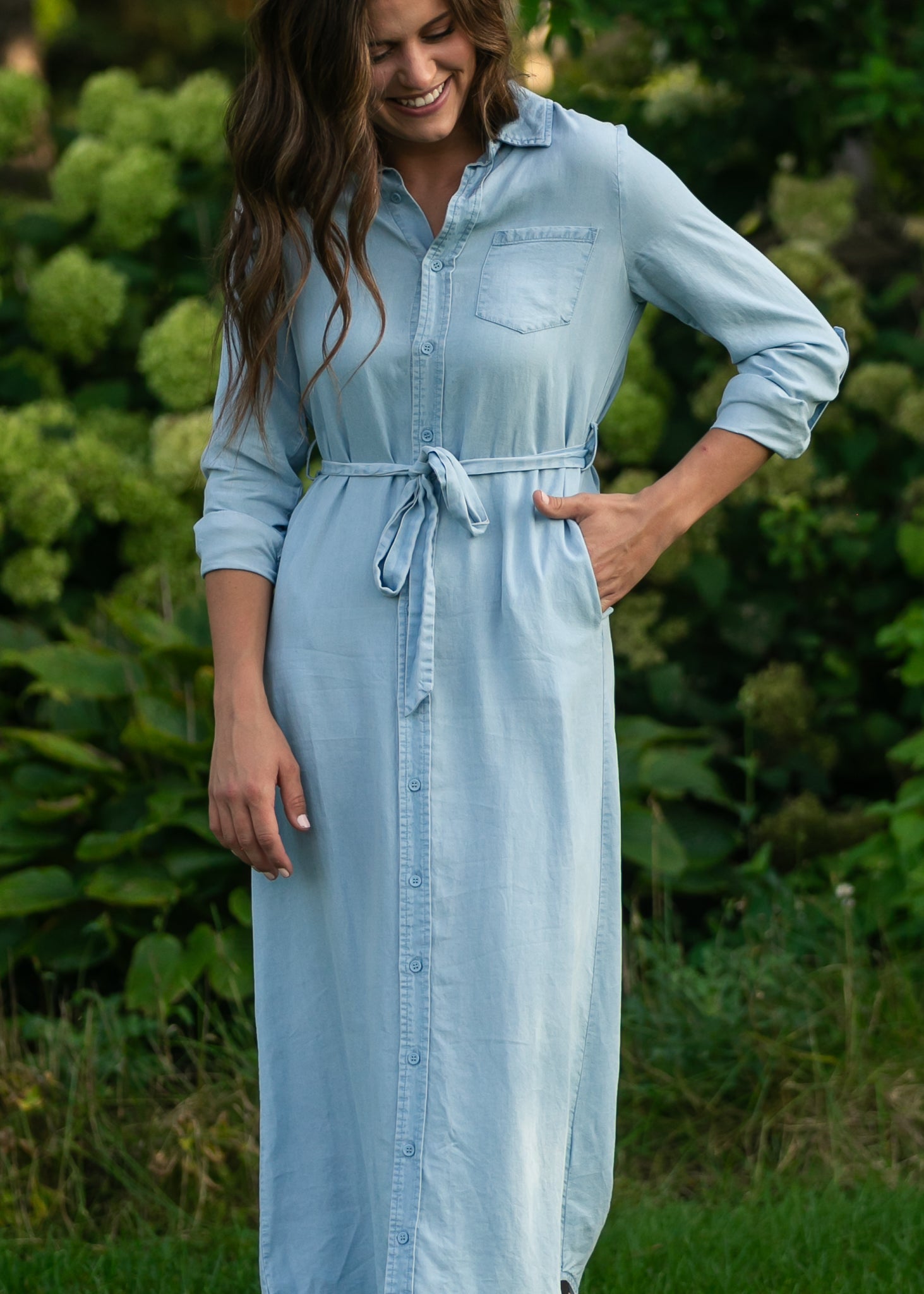 womens chambray dress Chambray Denim Button Down Pleated Dress D5541