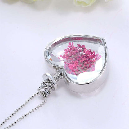 Rose Pressed Gypsophila & Silvertone Heart Pendant Necklace