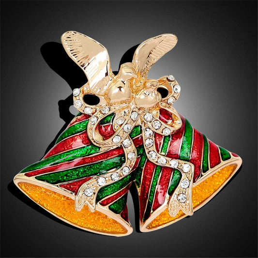 Cubic Zirconia & Goldtone Christmas Bells Brooch
