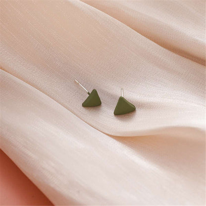 Green Enamel & Silvertone Triangle Stud Earrings