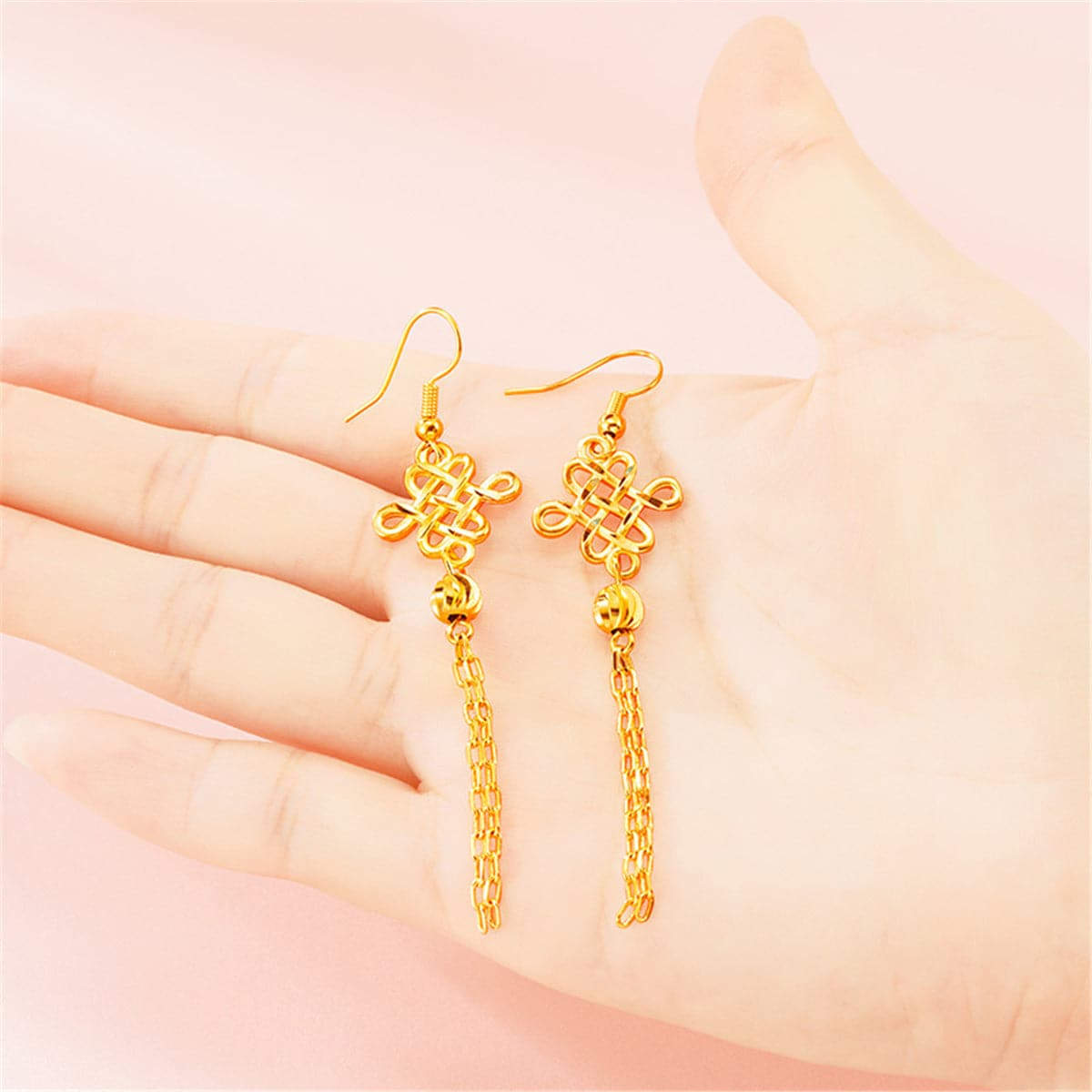 Goldtone Open Lucky Knot Tassel Drop Earrings