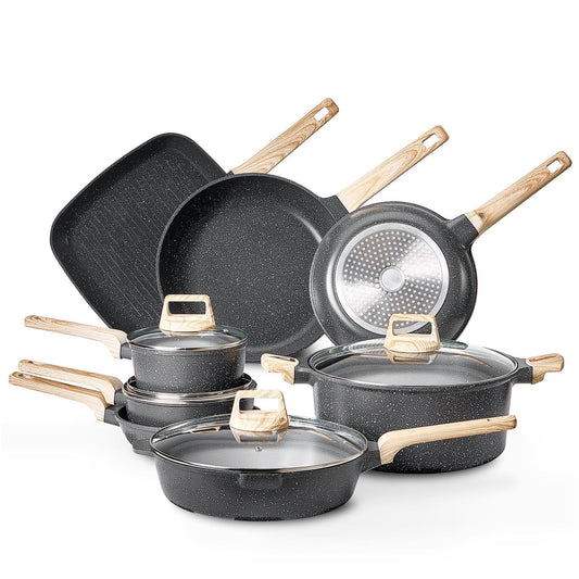 VEVOR 19 Piece Pots and Pans Set Granite Nonstick Kitchen Cookware Induction Black - Black