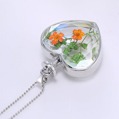 Pressed Peach Blossom & Silvertone Heart Pendant Necklace