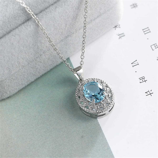 Sea Blue Crystal & Silvertone Oval Pendant Necklace