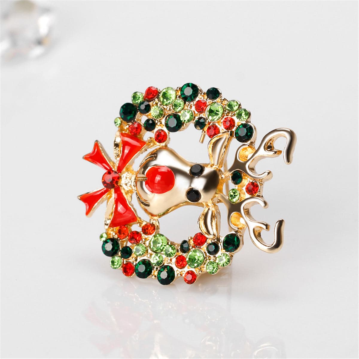 Cubic Zirconia & Goldtone Botany Bow & Reindeer Brooch