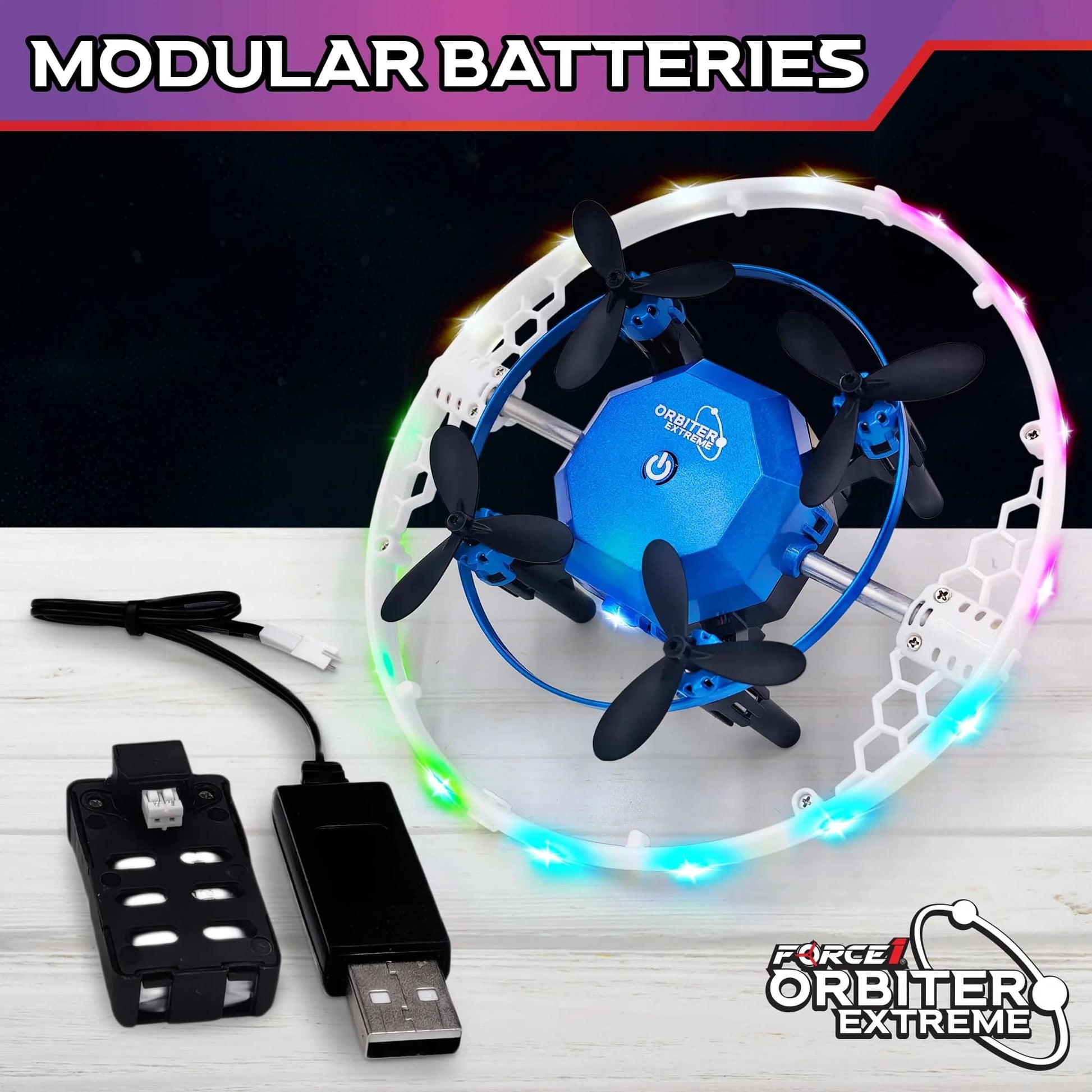 Blue, black drone and remote, and black propellers-
