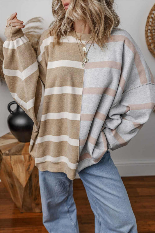 Jream Stripe Colorblock Oversized Sweater - Khaki Stripe / L - 12/14