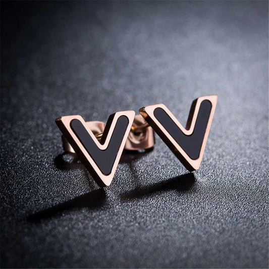 Black & Rose Goldtone V Stud Earrings