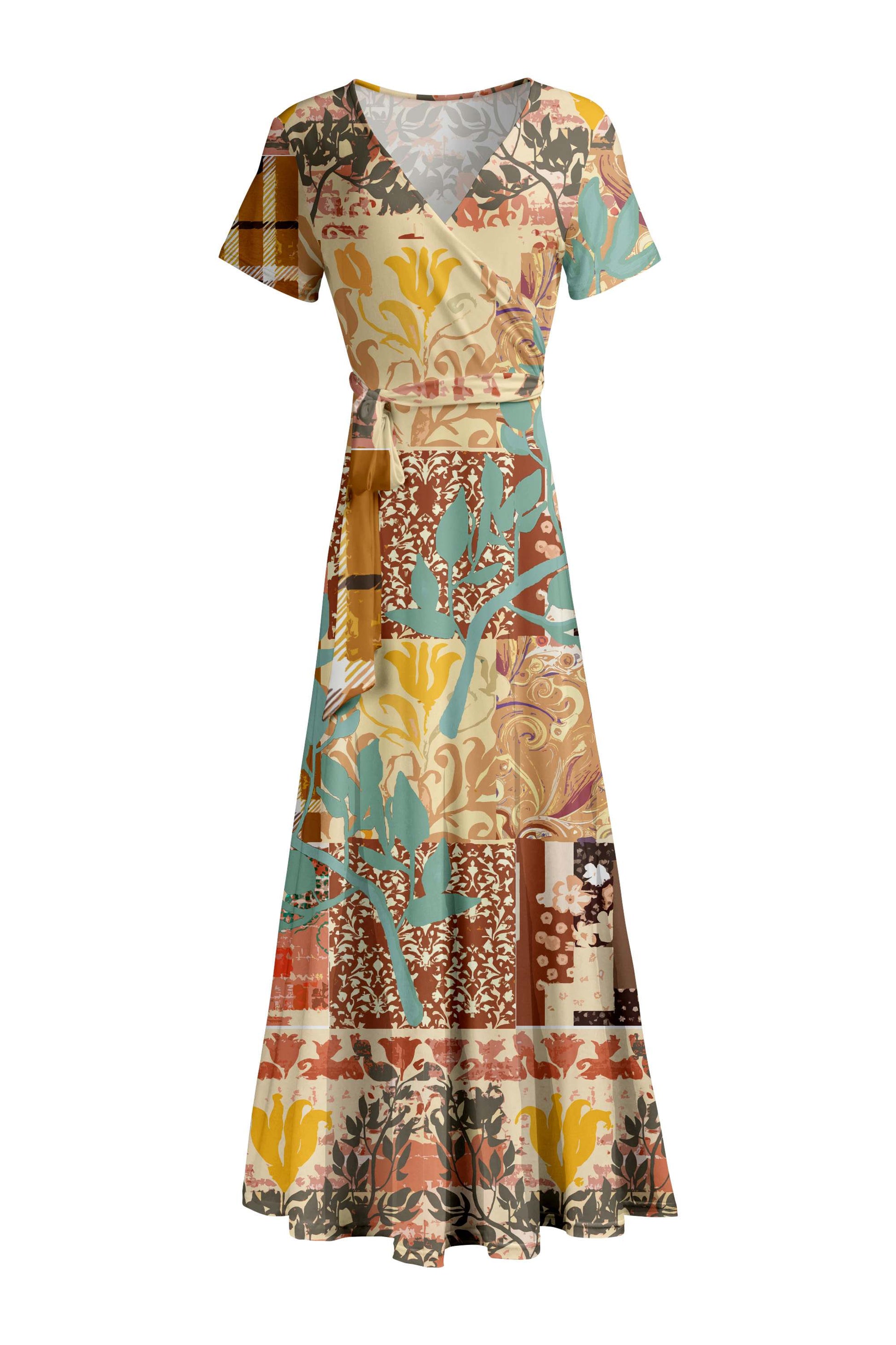 Lily by Firmiana Women's Short Sleeve Wrap-Style Maxi Dress with Tie Tan & Aqua Patchwork Mix Tan & Aqua Patchwork Mix / 2XL Lily by Firmiana Women's Short Sleeve Wrap-Style Maxi Dress with Tie Tan & Aqua Patchwork Mix Tan & Aqua Patchwork Mix / 2XL