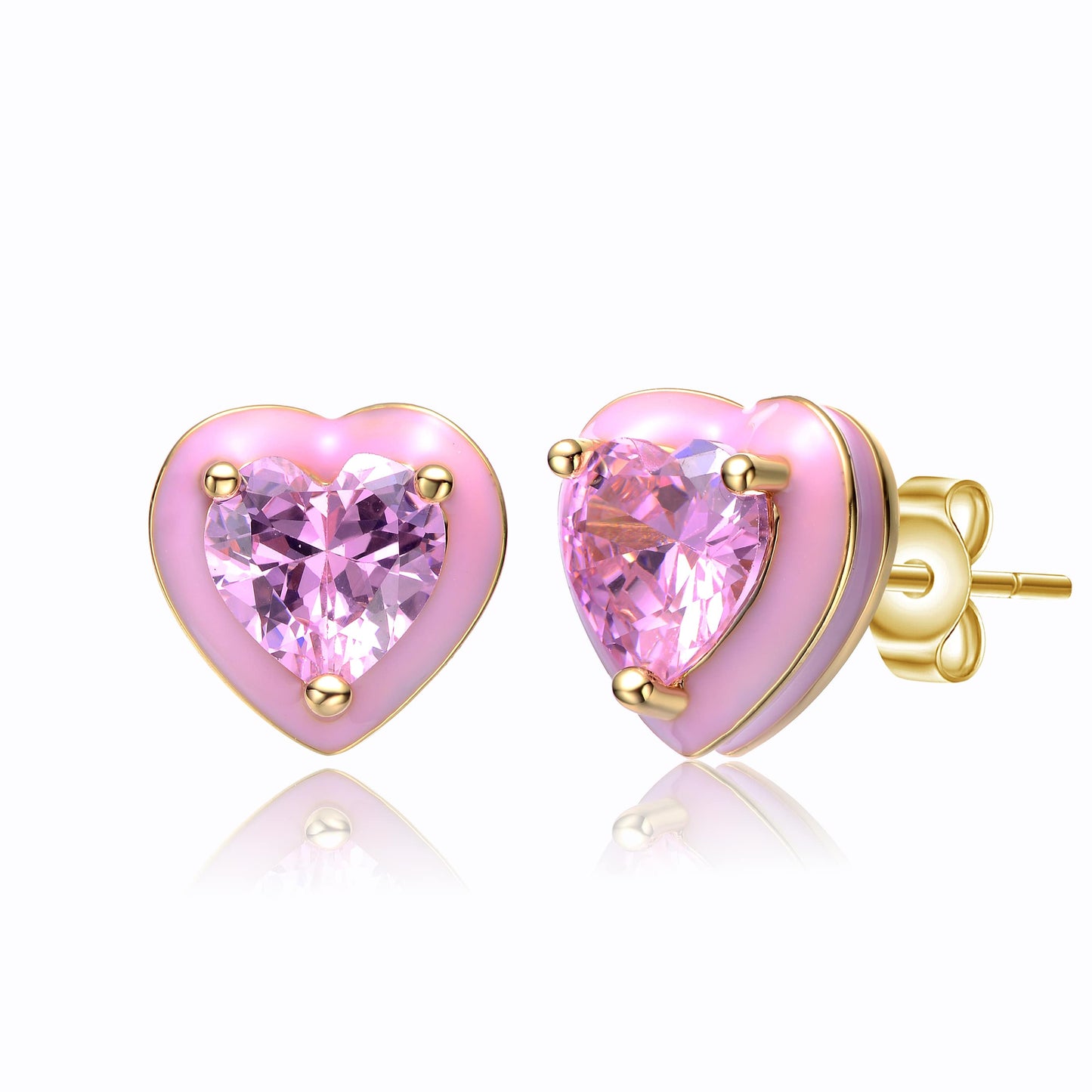 Teens 14k Yellow Gold Plated with Pink Cubic Zirconia and Pink Enamel Halo Heart Stud Earrings