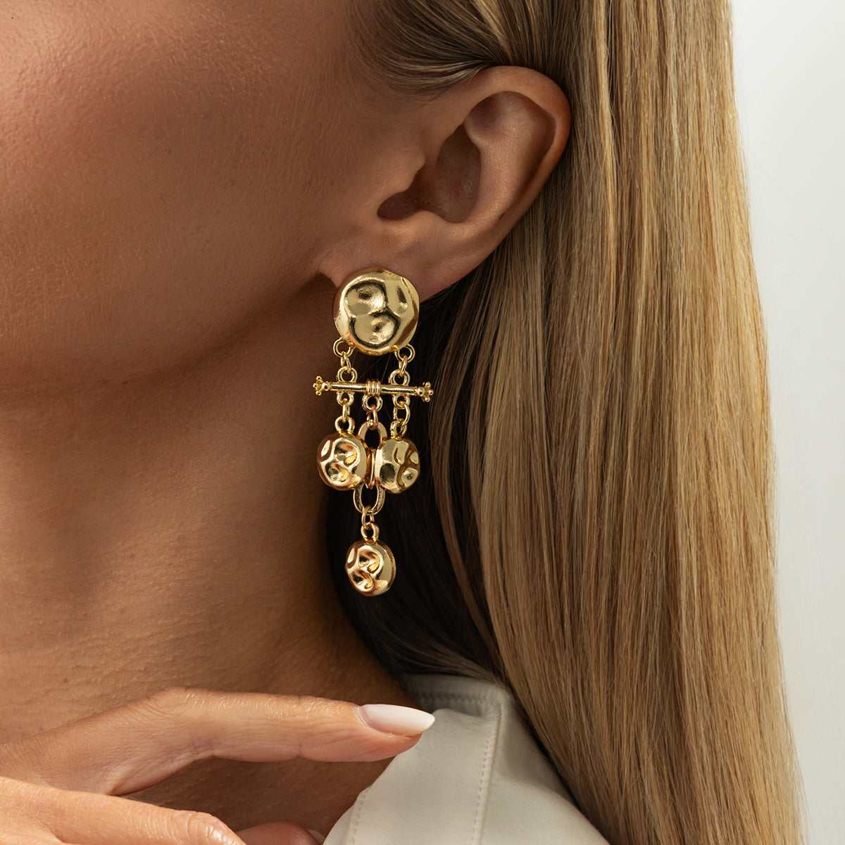 Goldtone Hammered Candlestick Tassel Dangle Earrings