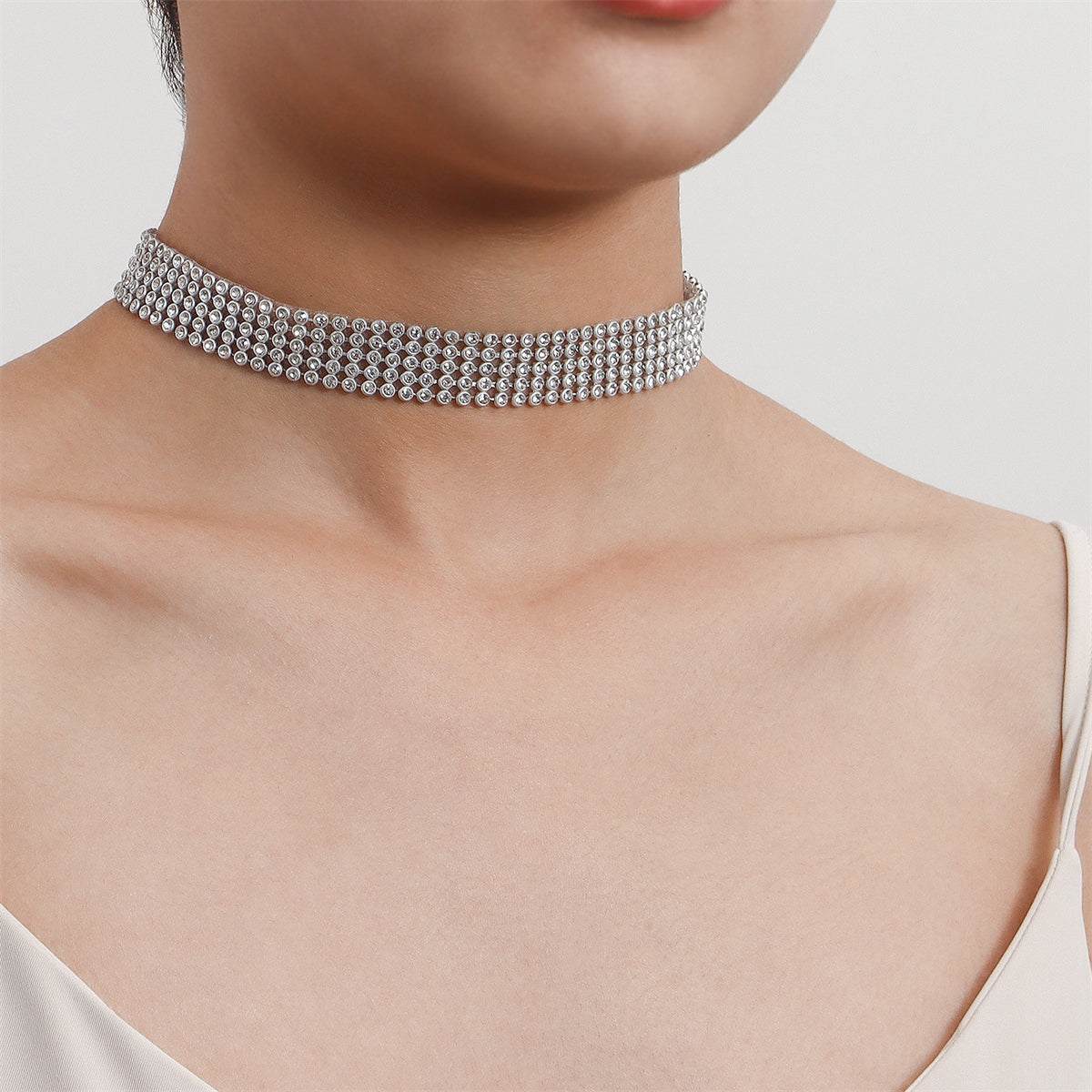 Cubic Zirconia & Silvertone Strand Choker Necklace