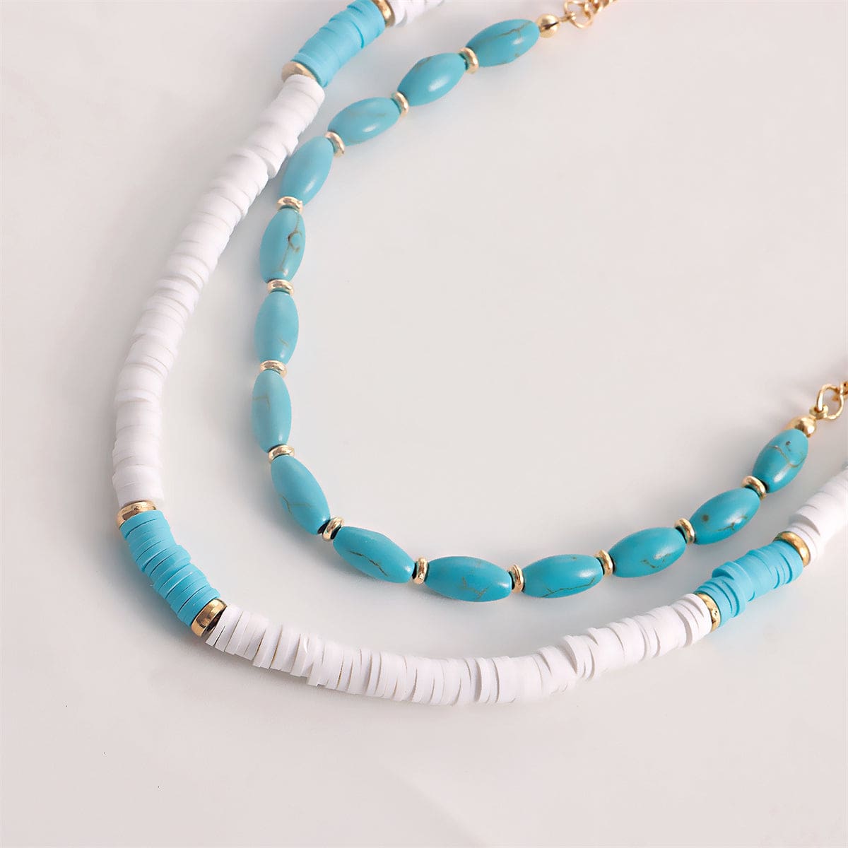 Turquoise & White Polymer Clay Goldtone Heart Layered Pendant Necklace Set