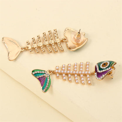 Pearl & Cubic Zirconia Enamel Goldtone Fishbone Drop Earrings