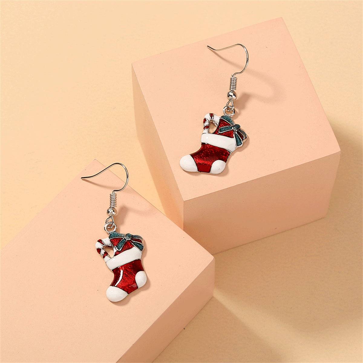 Red Enamel & Silvertone Stocking Drop Earrings