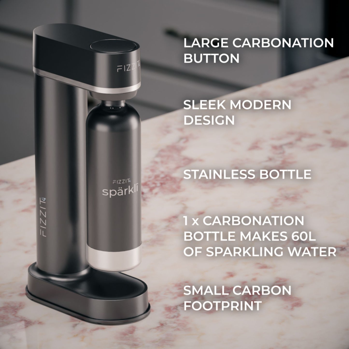 Black Fizzit Stainless Steel Sparkling Water Maker Bundle | Includes Soda Maker, CO2 Cylinder, & Black Stainless Steel Bottle | Customizable Carbonated Water Machine, Reusable Bottle & Eco-Friendly