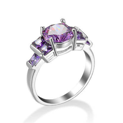 Purple Crystal & Silvertone Round-Cut Ring