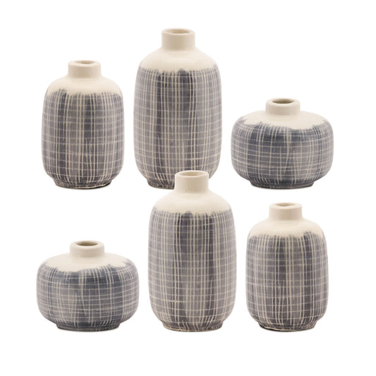 Melrose International Mini Terra Cotta Bud Vase with Navy Criss Cross Pattern (Set of 6)