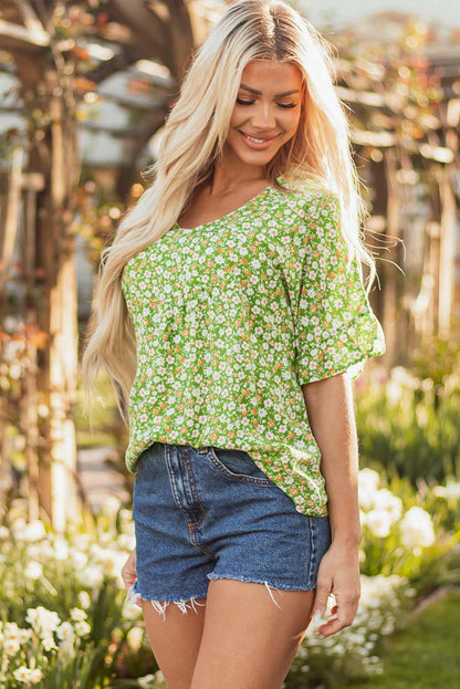 Threaded Pear Yusra FloralRuffle Sleeve V Neck Blouse