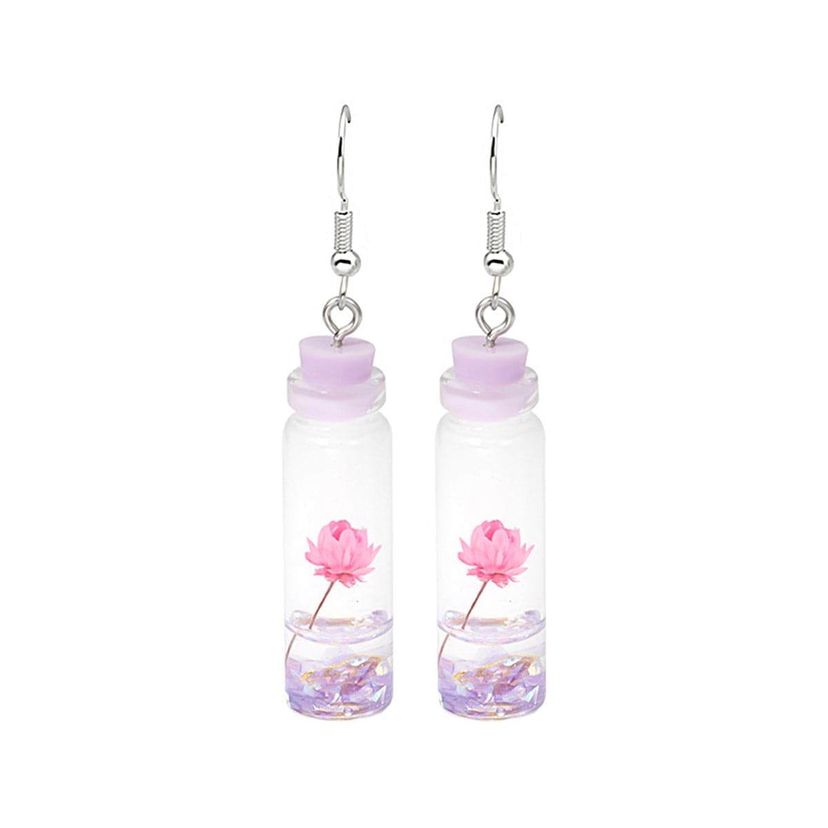 Purple Flower & Silvertone Drift Bottle Drop Earrings