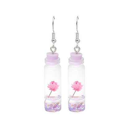 Purple Flower & Silvertone Drift Bottle Drop Earrings