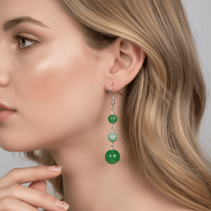 Green Jade & Silvertone Tiered Ball Hook Earrings