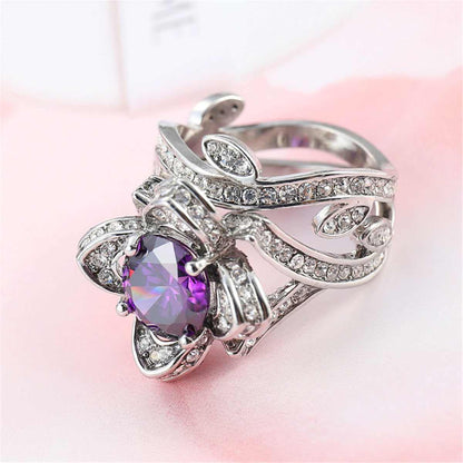 Purple Crystal & Cubic Zirconia Flower Ring Set-7
