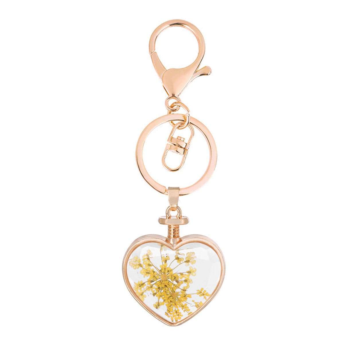 Yellow Gypsophila & Goldtone Pressed Flower Heart Key Chain