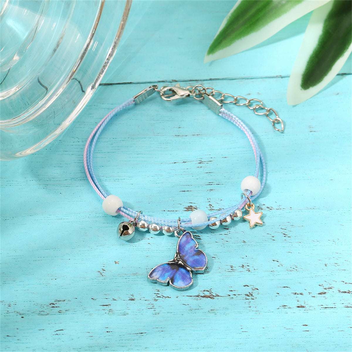 Dark Blue Enamel & Silvertone Butterfly Charm Bracelet