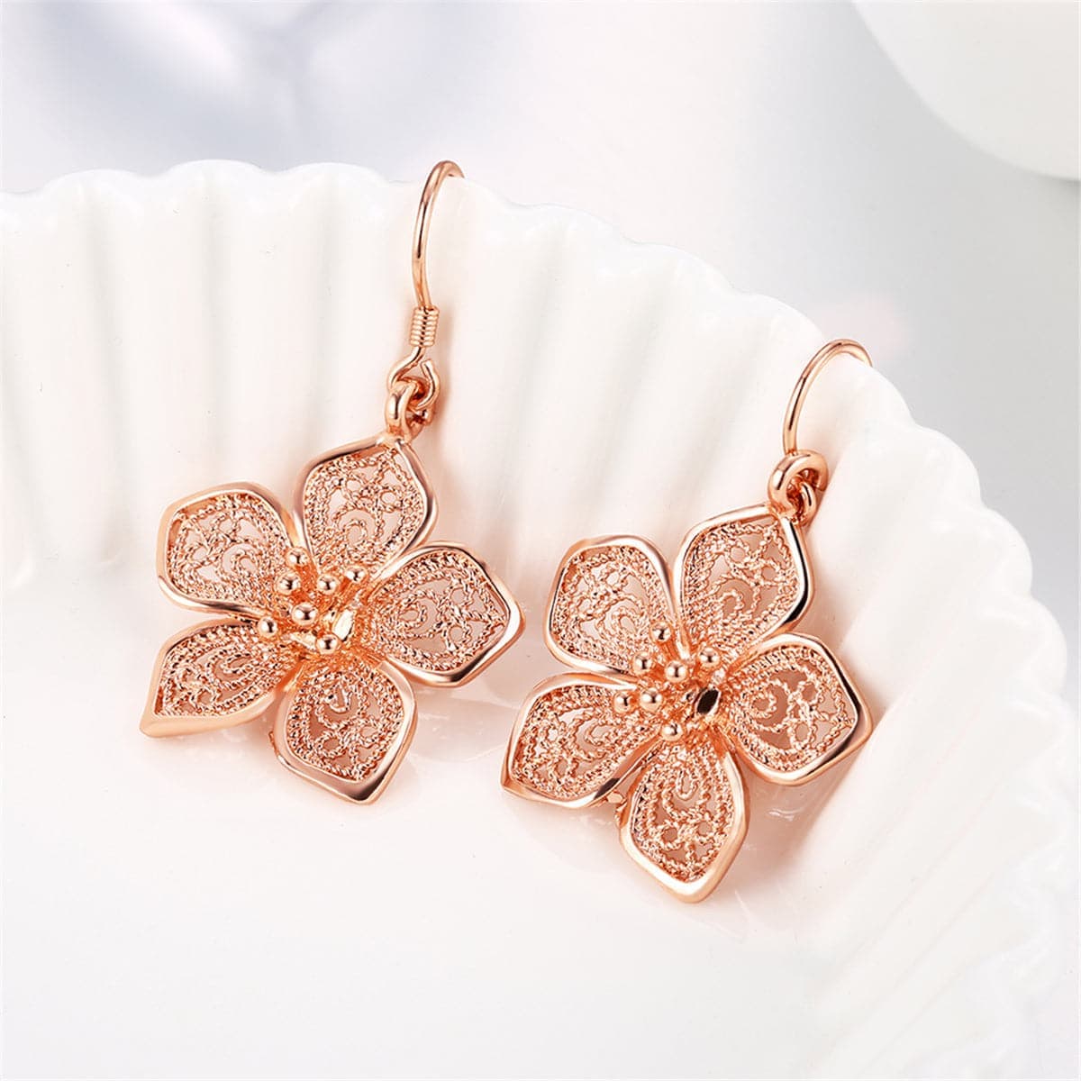 Rose Goldtone Filigree Flower Drop Earrings