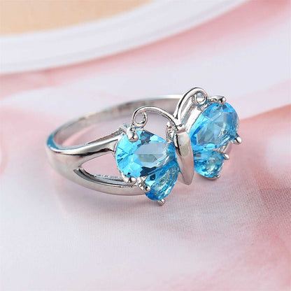 Sea Blue Crystal & Silvertone Butterfly Ring-2