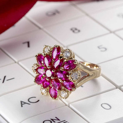 Red Corundum & Cubic Zirconia Flower Ring-6
