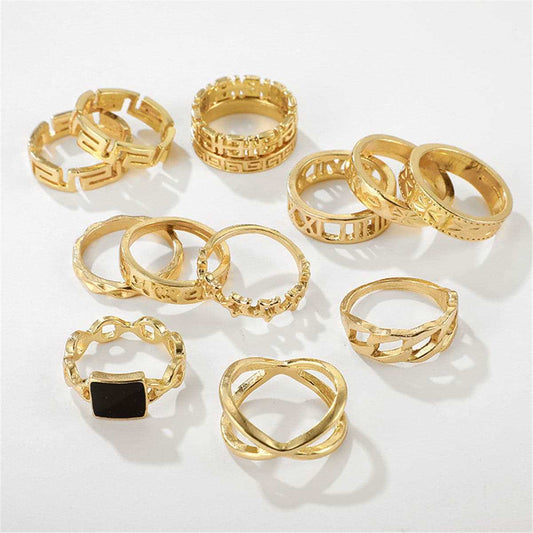 Black Enamel & Goldtone Square Openwork-Band Ring Set