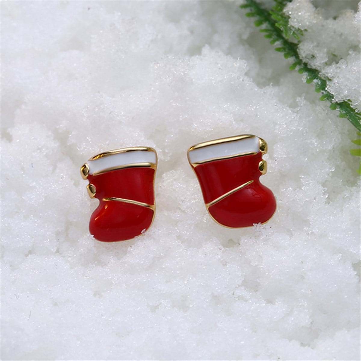 Red Enamel & Goldtone Christmas Boot Stud Earrings